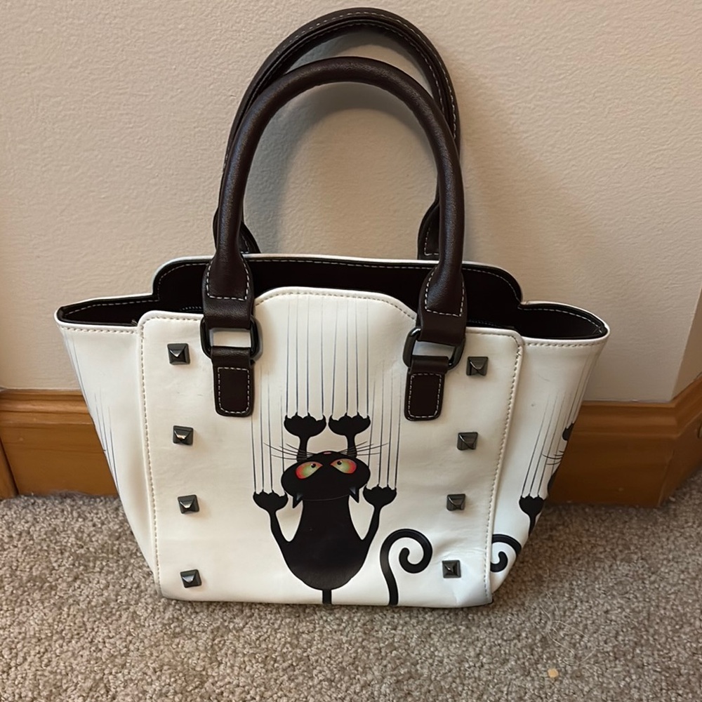 Black & White Cat Studded Handbag Purse w/ Brown Handles
